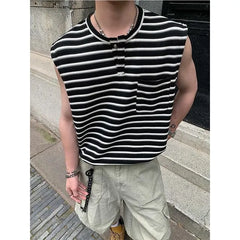 Sleeveless Henley Neck Striped T-Shirt