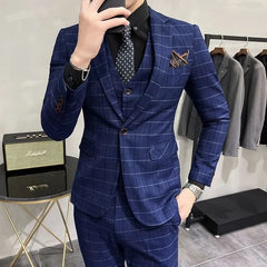 Set: Notch Lapel Plaid Single Breasted Blazer + V-Neck Single Breasted Vest + Mid Rise Cropped Slim Fit Dress Pants