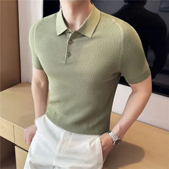 Short Sleeve Plain Waffle Knit Polo Top