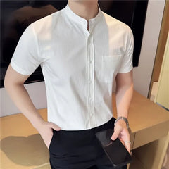 Short Sleeve Band Collar Striped Shirt
