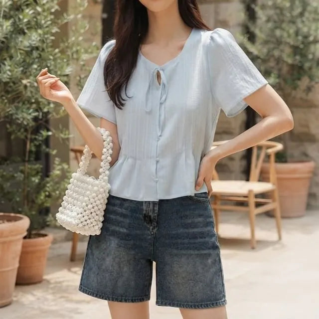 Short-Sleeve Plain Bow Blouse