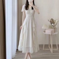 Short Sleeve Square Neck Plain Maxi A-Line Dress