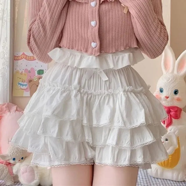 Elastic Waist Plain Lace Trim Tiered Ruffle Mini A-Line Skort