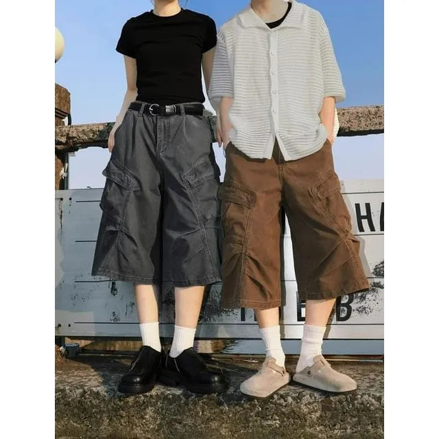 Mid Rise Plain Cargo Wide Leg Jorts