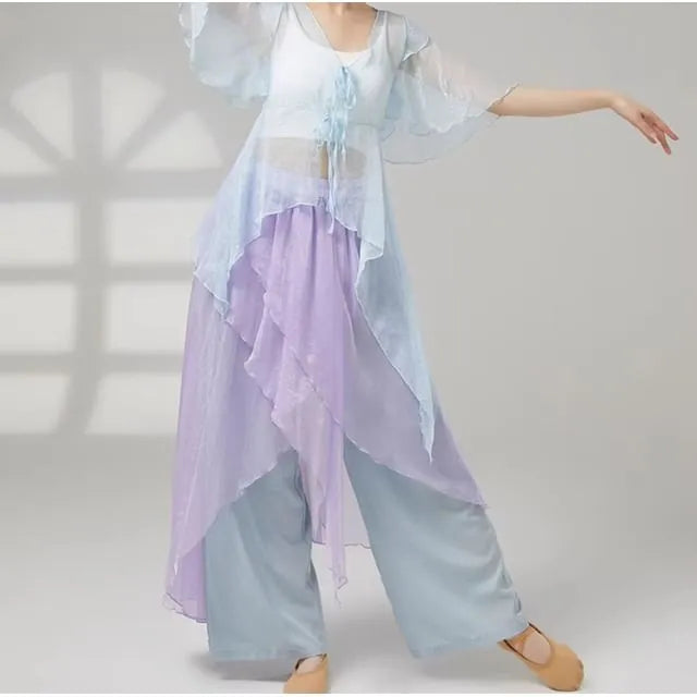Elbow-Sleeve V-Neck Tie Front Plain Dance Top / High Waist Asymmetrical Skirt Overlay Wide Leg Pants