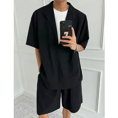 Set: Mock Two-Piece Elbow-Sleeve Split Neck Shirt + Drawstring Waist Plain Wide Leg Shorts