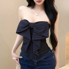 Striped Bow Accent Crop Corset Tube Top