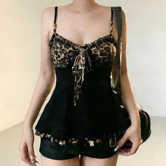 V-Neck Leopard Print Ruffled-Trim Slim-Fit Cami Top