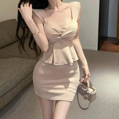 Sleeveless Square Neck Plain Peplum Mini Sheath Dress