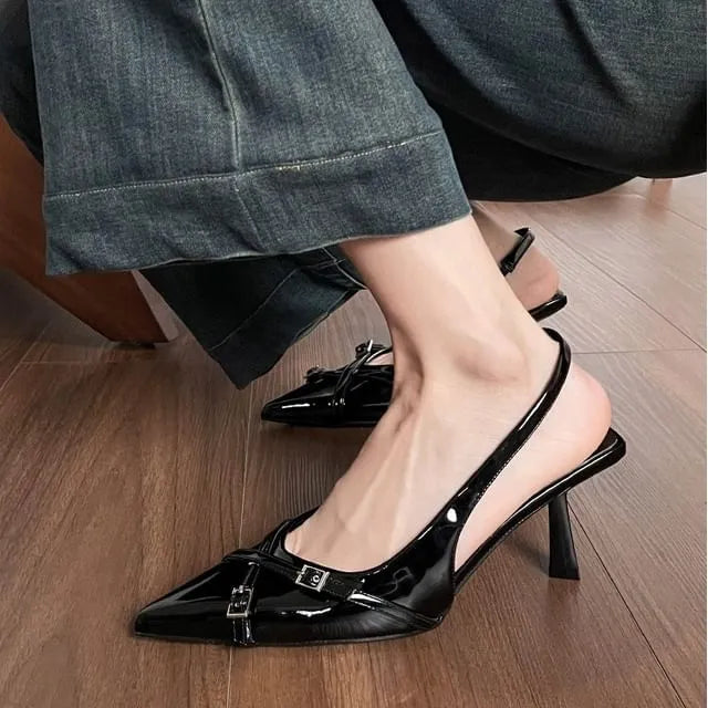 Kitten Heel Pointed Toe Plain Buckled Patent Leather Slingback Sandals