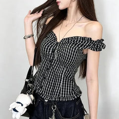Off-Shoulder Plaid Ruffle Top