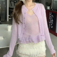 Set: Round Neck Plain Pointelle Cardigan + Ruffle Trim Knit Cami Top