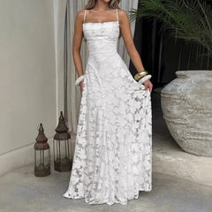 Spaghetti Strap Midi A-Line Lace Dress