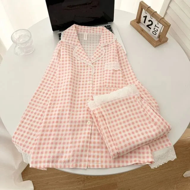 Pajama Set: Long-Sleeve Lapel Collar Plaid Lace Trim Button-Up Top + Pants
