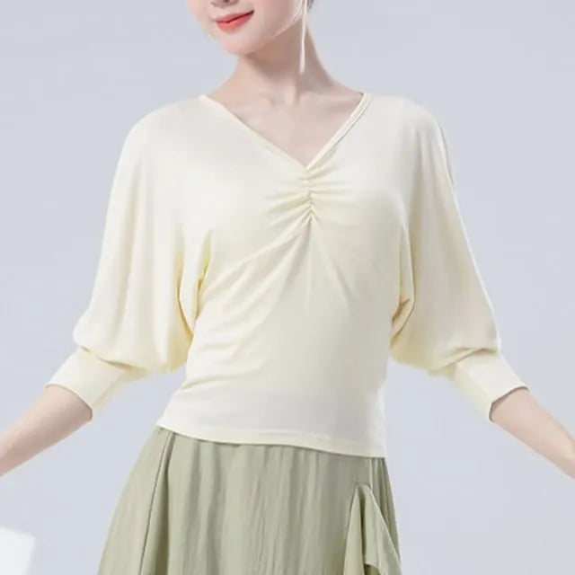 Puff-Sleeve V-Neck Plain Shirred Dance Top
