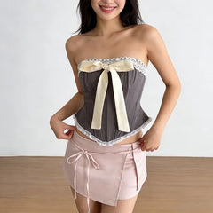 Bow Accent Lace Trim Crop Corset Tube Top