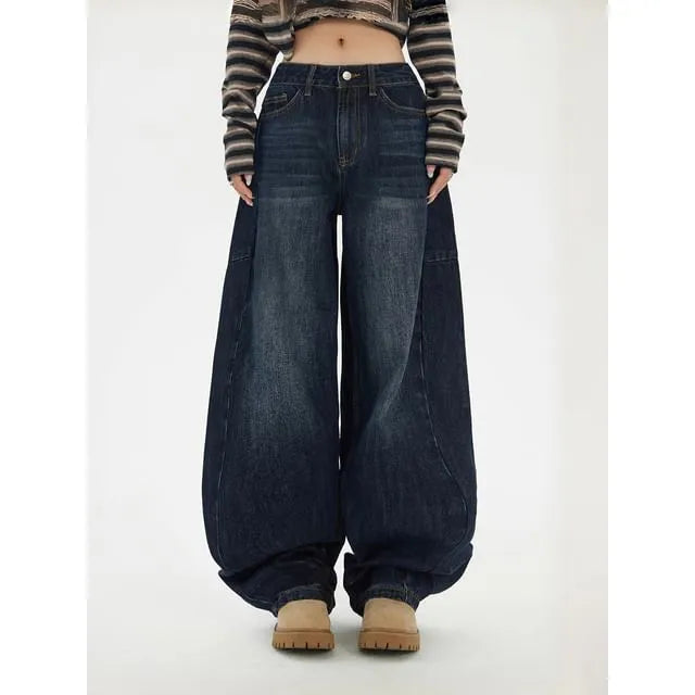 Mid Waist Washed Barrel Wide Leg Jeans (Various Designs)