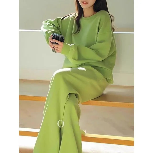 Set: Crew Neck Plain Pullover + Elastic Waist Wide Leg Pants