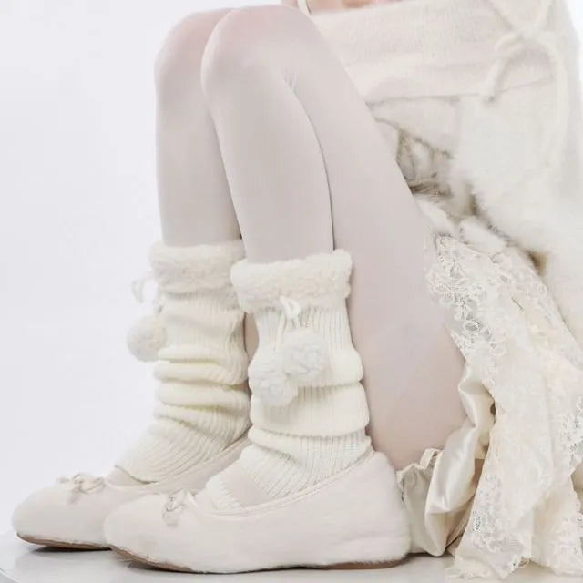 Pom Pom Fleece Panel Ribbed Knit Leg Warmers