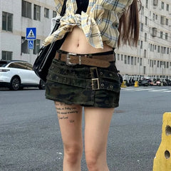 Mid Waist Asymmetrical Grommet Belted Denim Mini A-Line Skort