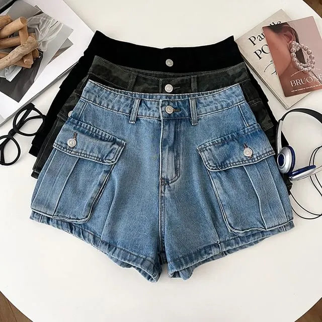 Mid Waist Denim Cargo Hot Pants