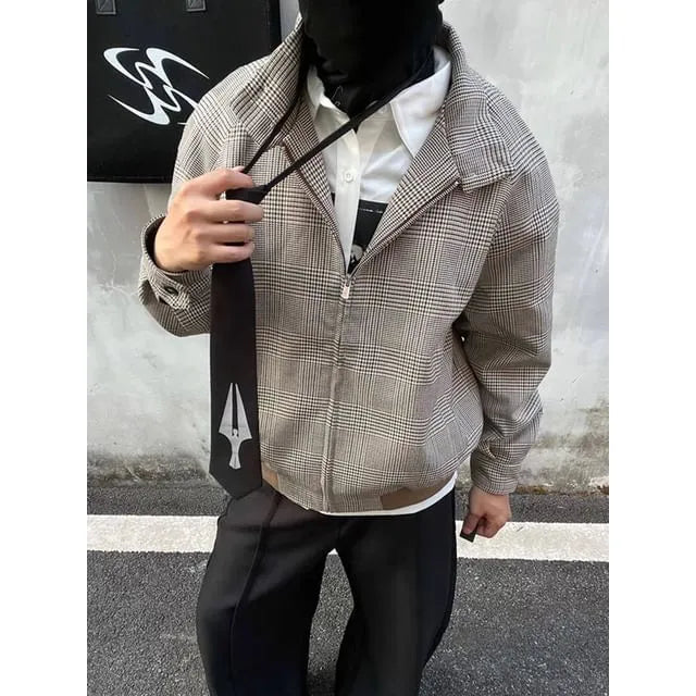 Collared Houndstooth Zip-Up Jacket