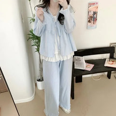 Pajama Set: V-Neck Striped Ruffle Tie Front Jacket + High Waist Straight Leg Pants + Plain Camisole Top