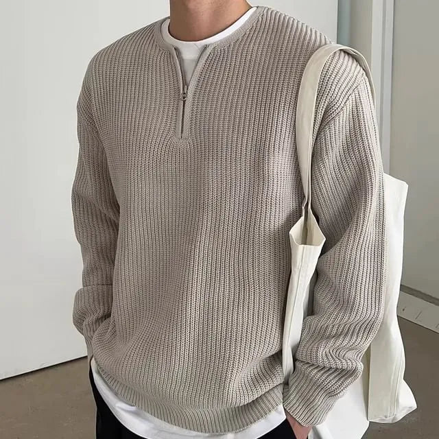 Long-Sleeve Half Zip Plain Knit Top