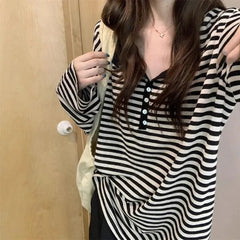 Long-Sleeve Henley Striped Top
