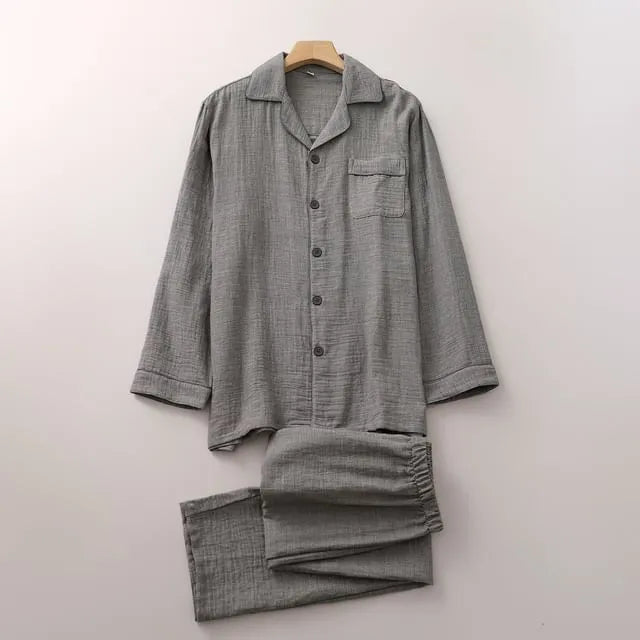 Couple Matching Pajama Set: Long-Sleeve Collared Top + Pants (Various Designs)