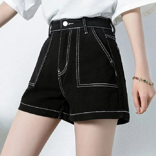 High Waist Contrast Stitch Denim Shorts