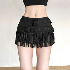 Mid Waist Belt Accent Plain Fringe Mini Pencil Skirt