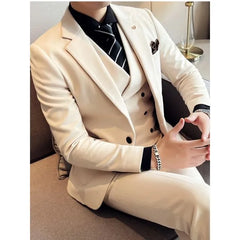 Set: Notch Lapel Single-Breasted Blazer + Shawl Lapel Double-Breasted Vest + Mid Rise Tapered Dress Pants