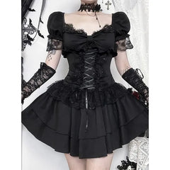 Puff-Sleeve Sweetheart-Neck Plain Lace Ruffle Mini A-Line Dress