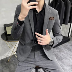 Set: Lapel Collar Plain Blazer + Mid Rise Cropped Straight Leg Dress Pants