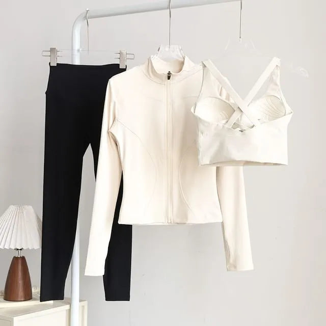 Set: Stand Collar Plain Zip Jacket + Sport Bra Top + High Waist Plain Yoga Pants