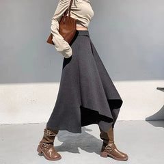 High Waist Plain Asymmetrical Knit Midi A-Line Skirt