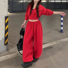 Plain Cropped Zip Hoodie / Drawstring Waist Baggy Sweatpants