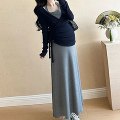 Maternity Set: Halter Neck Plain Knit Midi Dress + V-Neck Plain Knit Top
