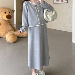 Maternity Set: Round Neck Contrast Trim Cardigan + High Waist Midi A-Line Skirt