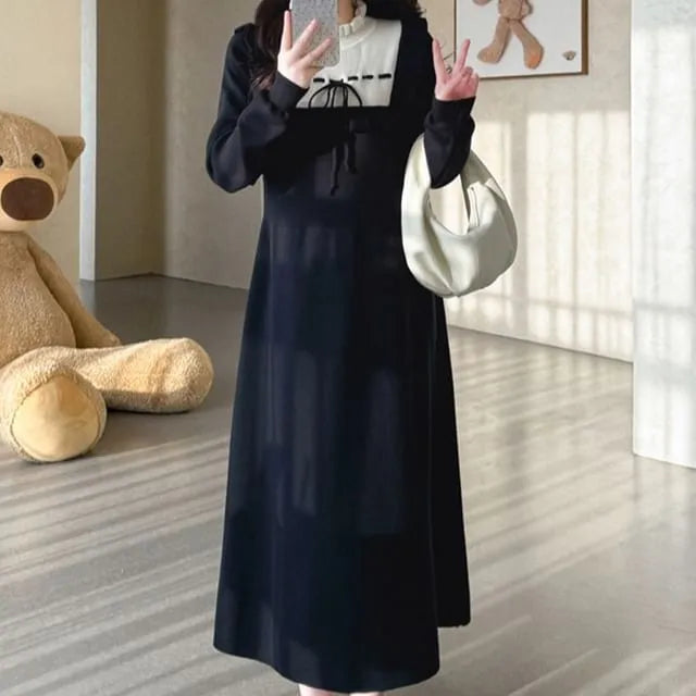 Maternity Long-Sleeve Mock Neck Two Tone Midi A-Line Dress