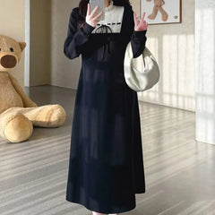 Maternity Long-Sleeve Mock Neck Two Tone Midi A-Line Dress