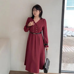 [XL-4XL] Long-Sleeve V-Neck Contrast Trim Double-Breasted Midi A-Line Dress / Belt