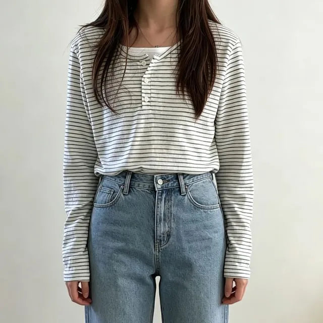 Mock Two-Piece Long-Sleeve Henley Striped T-Shirt