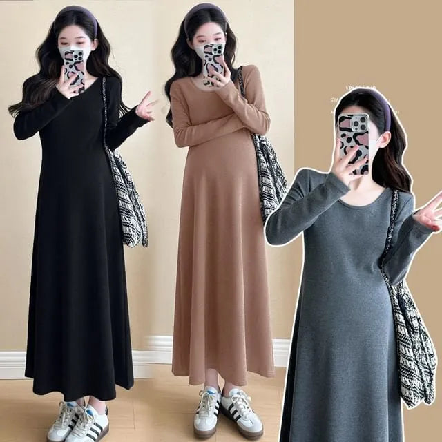 Maternity Long-Sleeve Round Neck Plain Midi A-Line Dress
