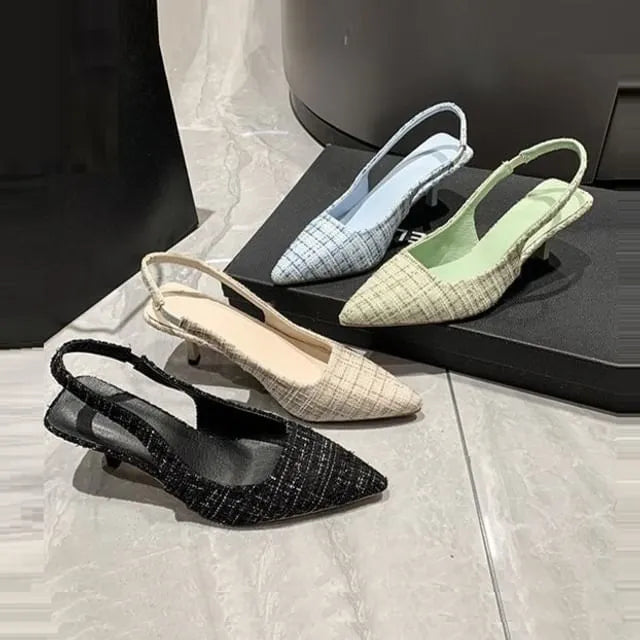 Tweed Pointed Toe Plaid Kitten Heel Slingback Mules
