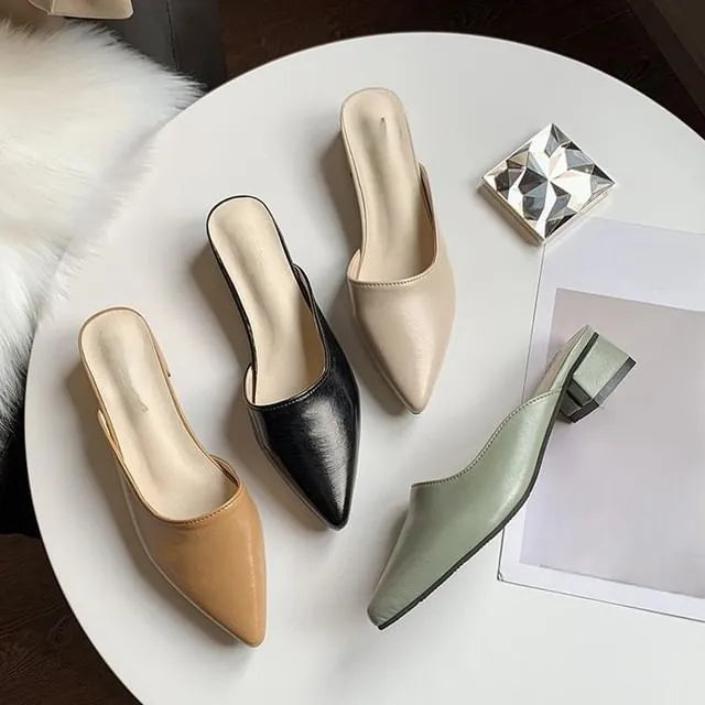 Pointed Toe Chunky Heel Mules
