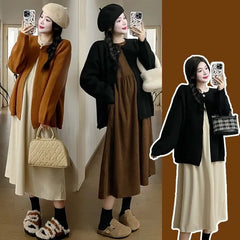 Maternity Long-Sleeve Crew Neck Plain Midi Tunic Dress / Crew Neck One-Buttoned Cardigan / Set