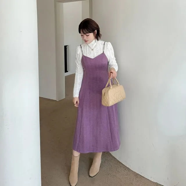 [XL-4XL] Set: Long-Sleeve Turtleneck Lace Top + Spaghetti Strap V-Neck Plain Midi A-Line Dress