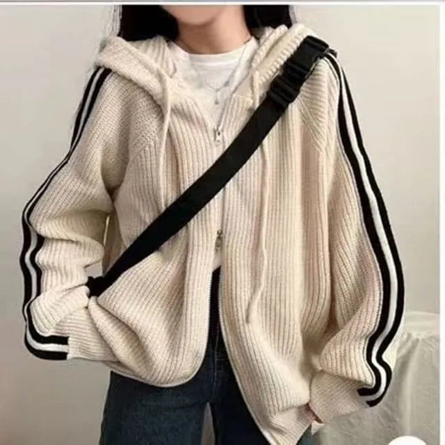Striped Hooded Ribbed Zip Cardigan
